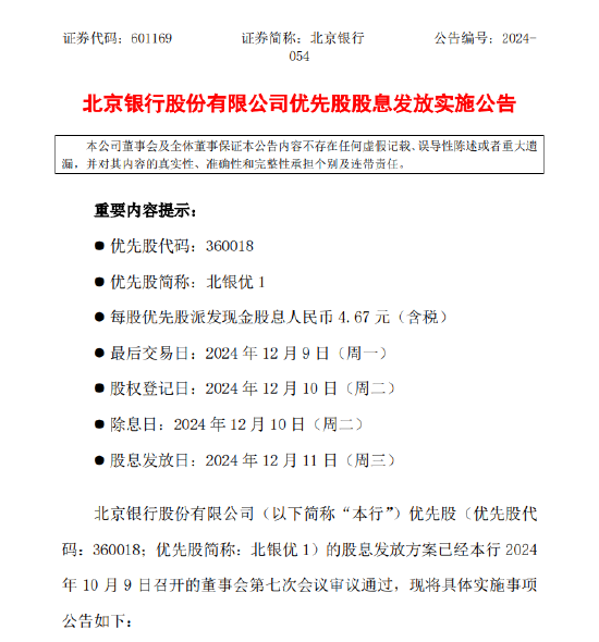 北京银行：发布优先股股息发放实施公告 每股优先股派发现金股息人民币4.67元